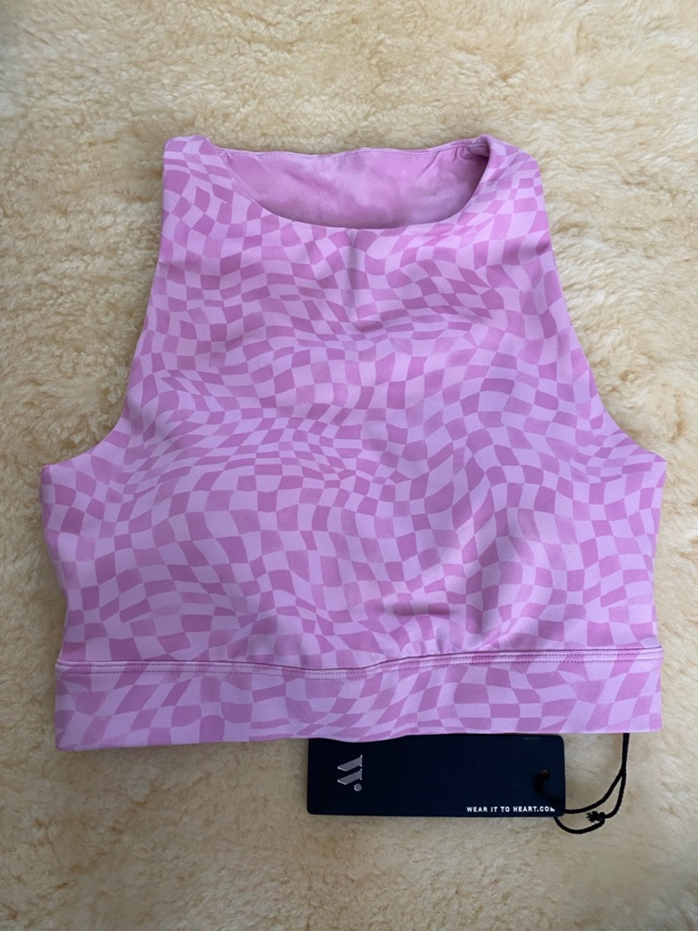 NWT Pink Checkerboard Sports Bra High-Neck Wear It To Heart XS